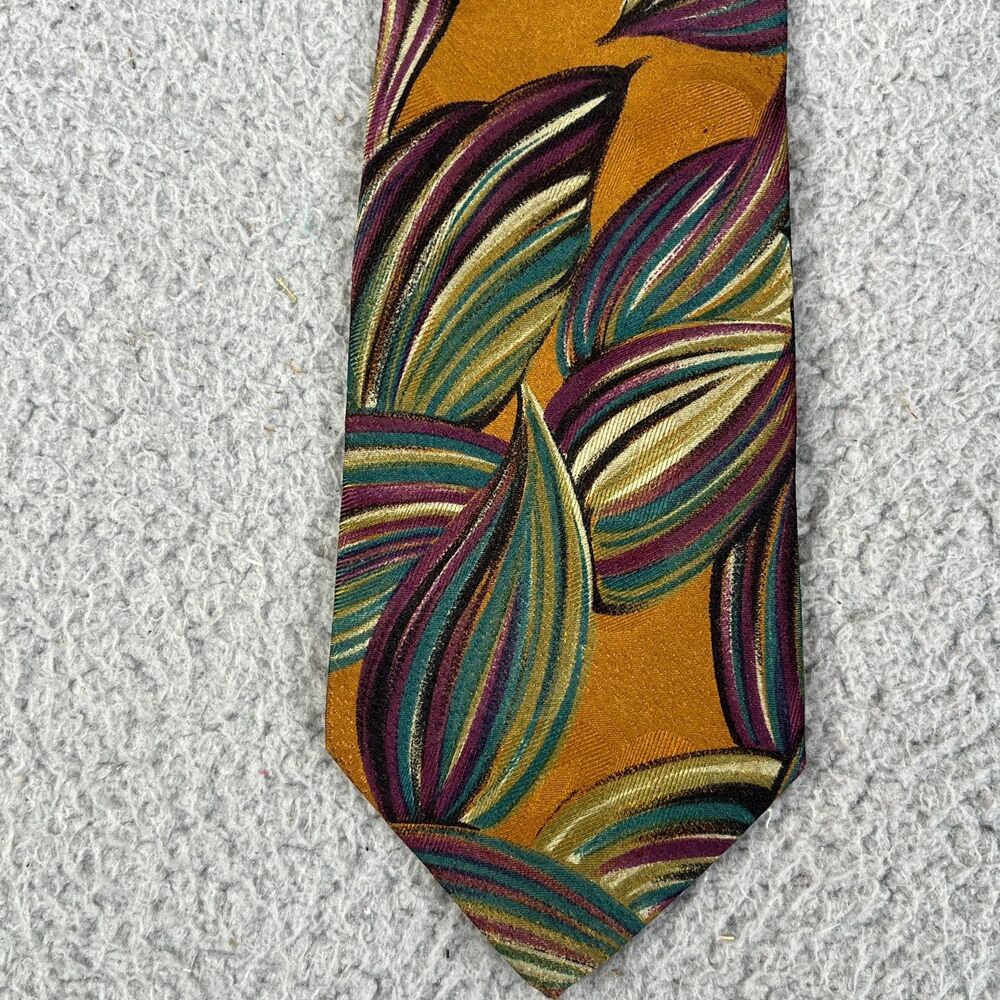 HUGO BOSS  Tie  Leaves Print Blue Purple Gold  Silk  Classic Necktie Italy